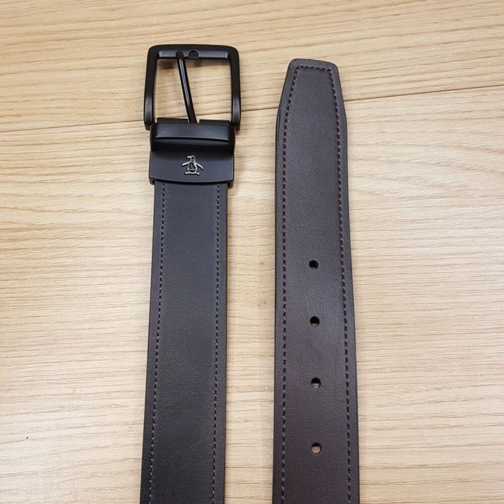 PENGUIN Belt Mens Size 34 Black Brown Reversible Bonded Leather Black Buckle
